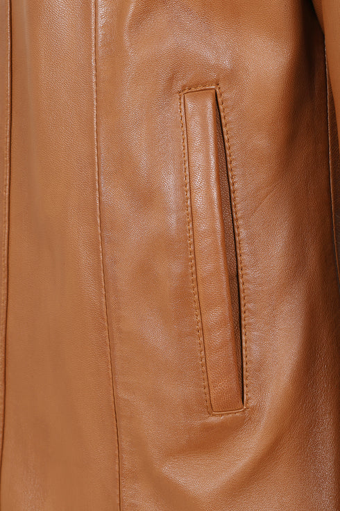 Tan nappa leather jacket for women, classic style with collar, by LLD Original, available in sizes 8, 10, 12.