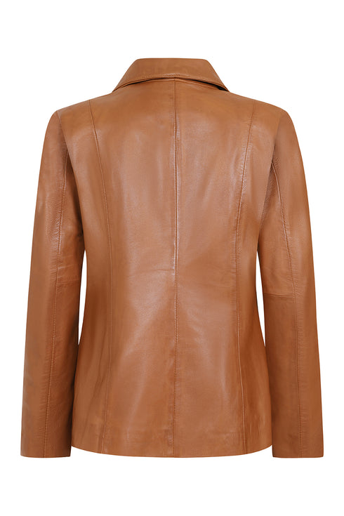 Tan DEBBIE Classic Nappa Leather Jacket for women with collar and 25-inch length by LLD Original