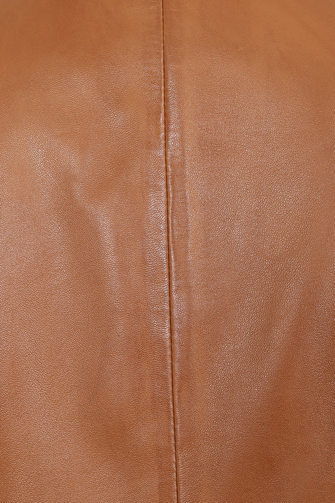 Tan classic nappa leather jacket with collar, 25-inch length, women's casual outerwear by LLD Original.