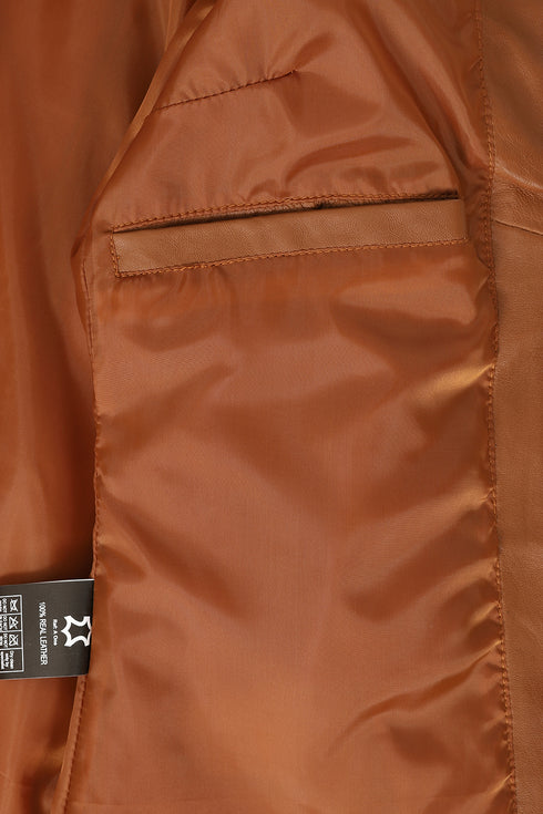 Tan nappa leather jacket for women by LLD Original, classic collar style, 25-inch length, available in multiple sizes.