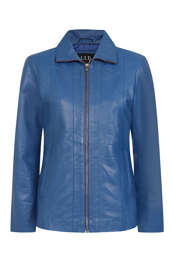 Royal blue nappa leather jacket for women with classic collar style, by LLD Original, available in sizes 8, 10, and 12.