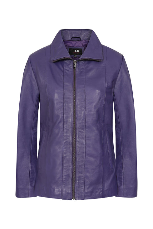 Classic purple nappa leather jacket with collar, 25-inch length, by LLD Original, available in sizes 8, 10, and 12.