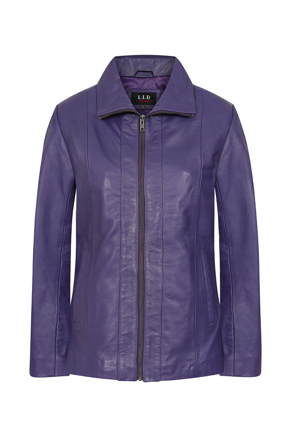 Classic purple nappa leather jacket with collar, 25-inch length, by LLD Original, available in sizes 8, 10, and 12.