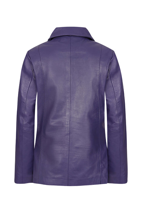 Women's purple nappa leather jacket with collar, 25-inch length, by LLD Original, available in sizes 8, 10, and 12.