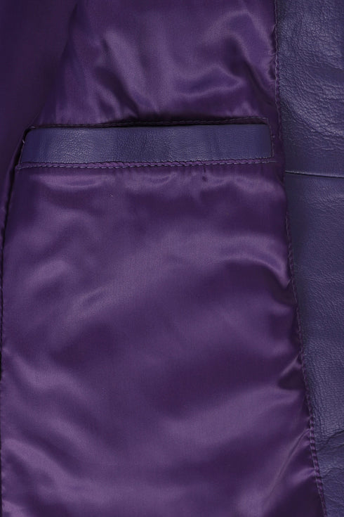 Women's classic purple nappa leather jacket with collar, 25-inch length, by LLD Original in size 8, 10, and 12.