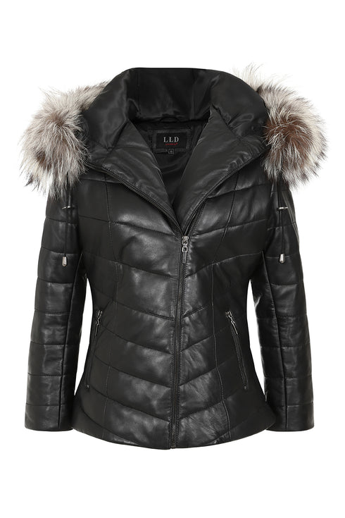Women's Quilted Black Leather Coat Fur Hood - Warm Nappa AMBER-AKTUS