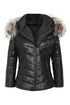 Women's Quilted Black Leather Coat Fur Hood - Warm Nappa AMBER-AKTUS