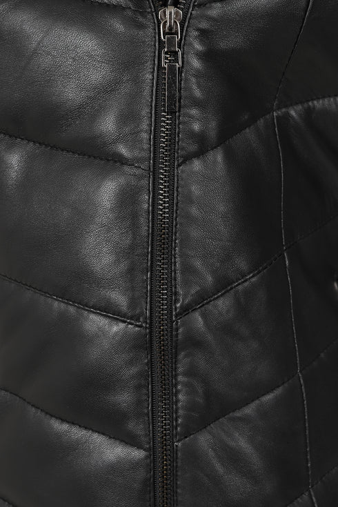 Women's black leather coat with fur hood, quilted design, hip length, by LLD Original. Available in sizes 8, 10, 12.