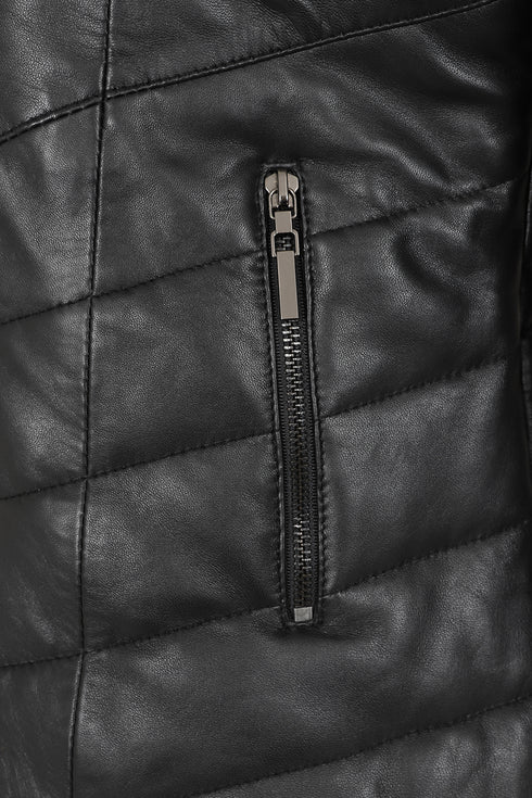 Women's black leather coat with fur hood, quilted design, hip length, by LLD Original