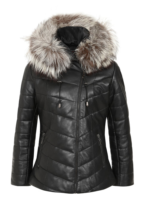 Black leather quilted coat with fur hood, hip length, by LLD Original, available in sizes 8, 10, and 12.