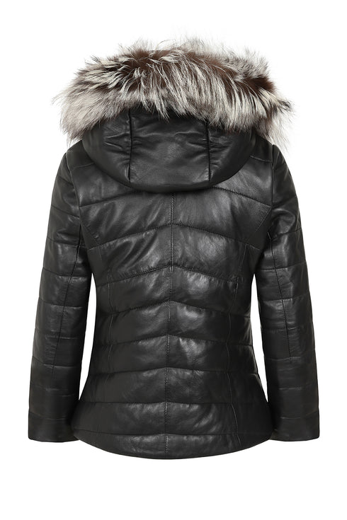 Black leather quilted coat with fur hood, hip length, by LLD Original