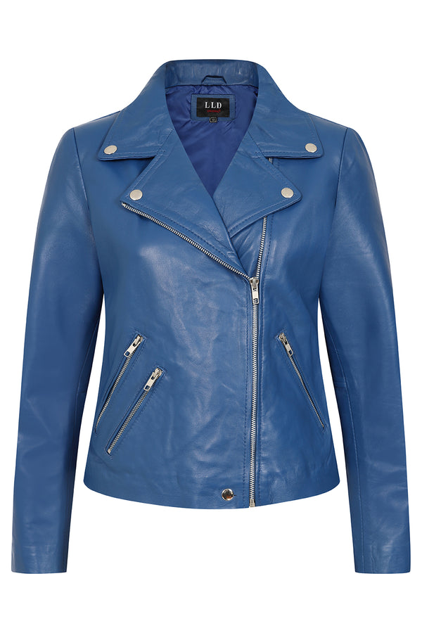 Royal blue biker-style real leather jacket with collar by LLD Original, hip length, available in sizes 8, 10, and 12.