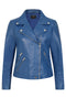 Royal blue biker-style real leather jacket with collar by LLD Original, hip length, available in sizes 8, 10, and 12.