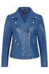 Royal blue biker-style real leather jacket with collar by LLD Original, hip length, available in sizes 8, 10, and 12.