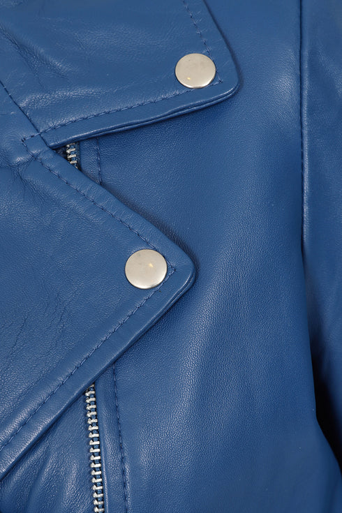 Womens royal blue real leather biker jacket 'CELIA' with collar and hip length design, available in sizes 8, 10, 12.