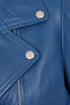 Womens royal blue real leather biker jacket 'CELIA' with collar and hip length design, available in sizes 8, 10, 12.