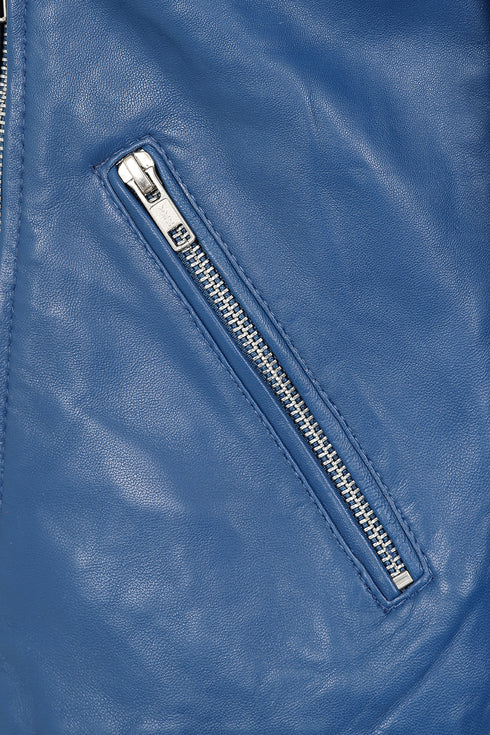 Women's royal blue biker leather jacket 'CELIA' with collar, hip length, available in sizes 8, 10, 12