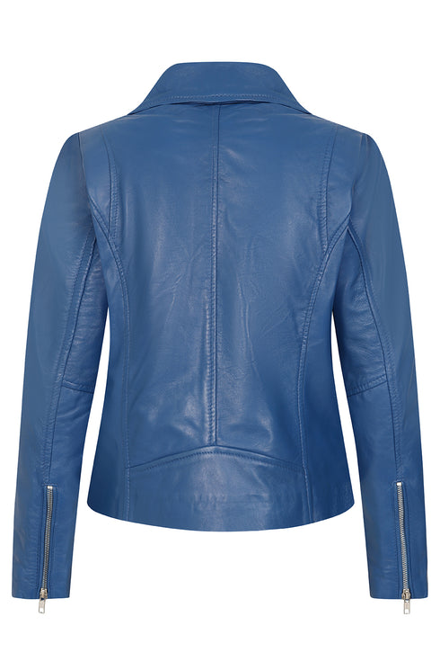 Women's royal blue biker style leather jacket with collar, hip length, by LLD Original