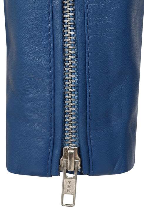Woman's royal blue biker leather jacket with collar, hip length, by LLD Original, available in sizes 8, 10, 12