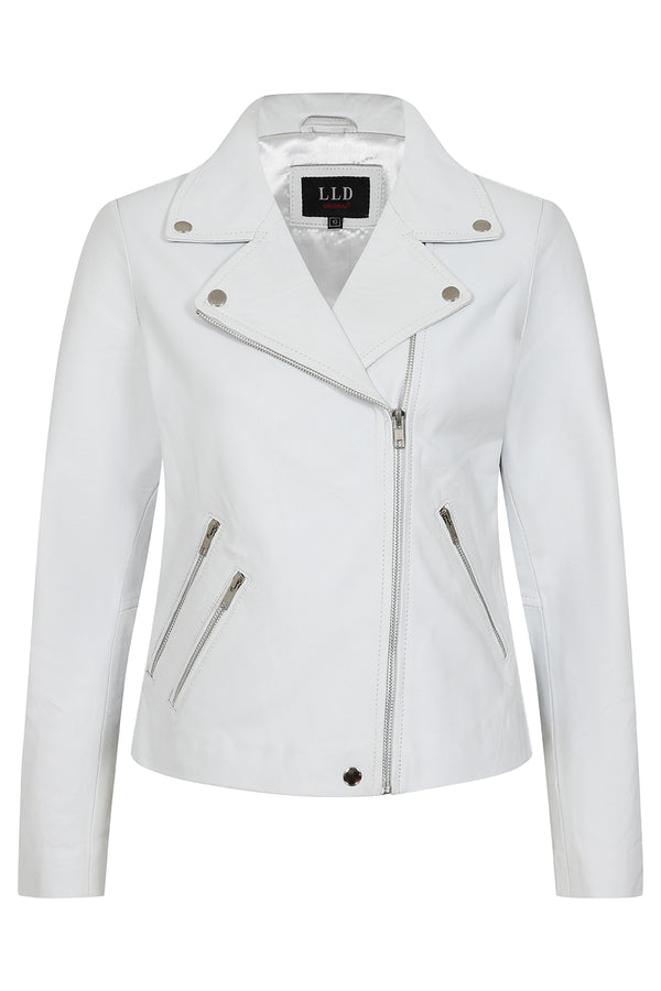 White real leather biker jacket with collar, hip length, by LLD Original, available in sizes 8, 10, 12.
