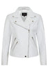 White real leather biker jacket with collar, hip length, by LLD Original, available in sizes 8, 10, 12.
