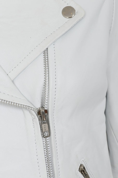 Women's white real leather biker jacket 'CELIA' by LLD Original, featuring a collar and hip length design.