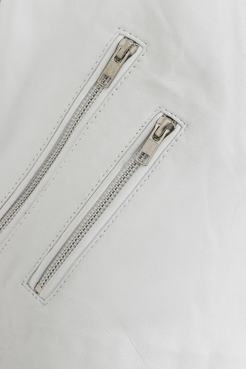 Women's white real leather biker jacket with collar, hip length, by LLD Original, available in sizes 8, 10, and 12