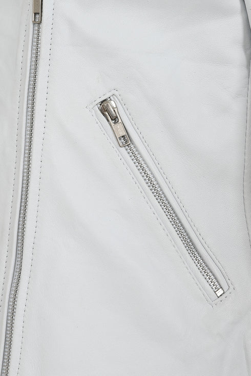 White real leather biker jacket 'Celia' by LLD Original with collar, hip length, available in sizes 8, 10, and 12.