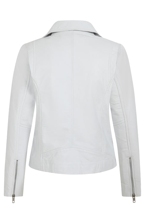 White biker style real leather jacket from LLD Original with collar, hip length, and available in sizes 8, 10, 12.