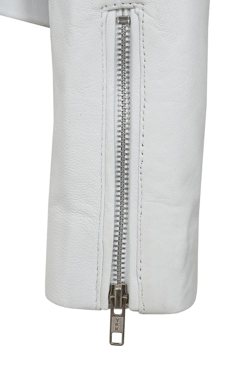 Women's white real leather biker jacket with collar, hip length, by LLD Original, available in sizes 8, 10, 12