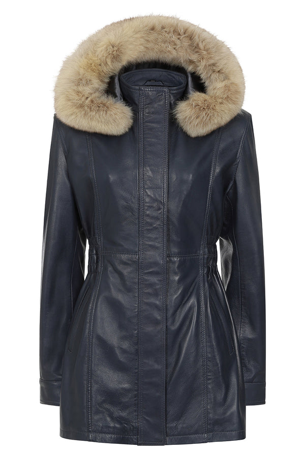 Navy blue nappa leather women's coat with detachable fur hood by LLD Original