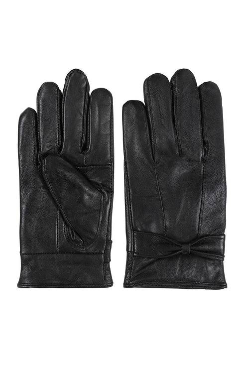 Women's Black Leather Gloves with Bow - London Leathers Direct