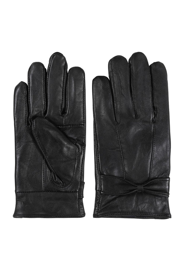 Women's Black Leather Gloves with Bow - London Leathers Direct