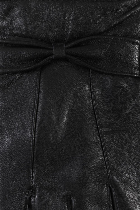 Women's Black Leather Gloves with Bow - London Leathers Direct