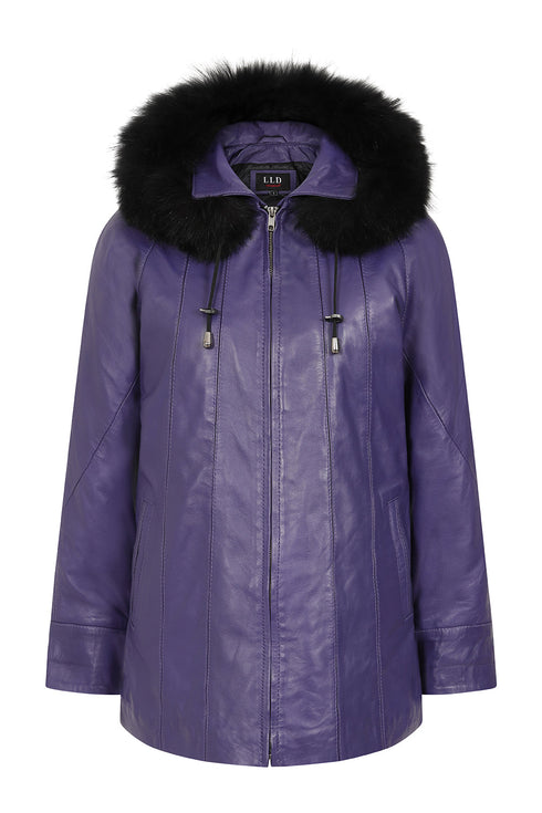 Purple leather hip length coat with detachable fur-trimmed hood and drawstring details by LLD Original.