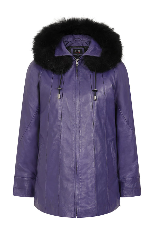 Purple leather hip length coat with detachable fur-trimmed hood and drawstring details by LLD Original.