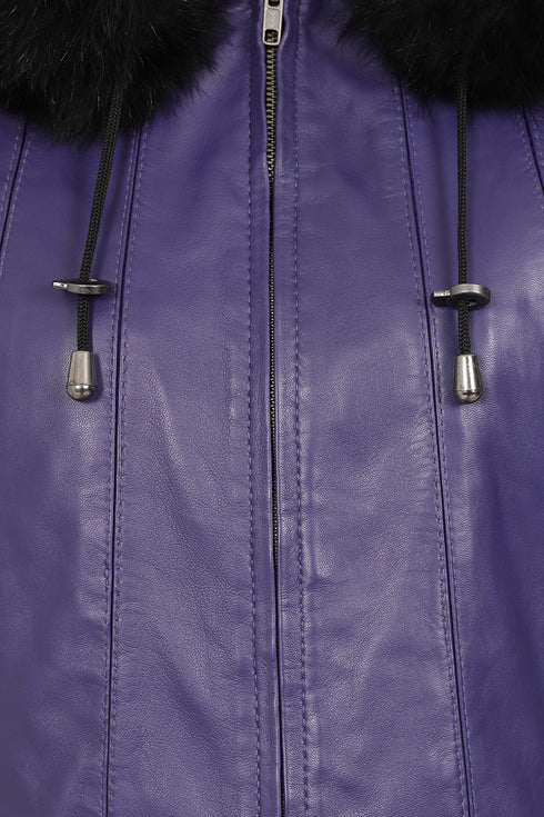 Purple leather hip length coat with detachable fur hood and drawstring by LLD Original