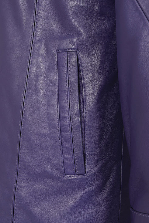 Purple leather hip length coat with fur trimmed detachable hood and drawstring detail by LLD Original