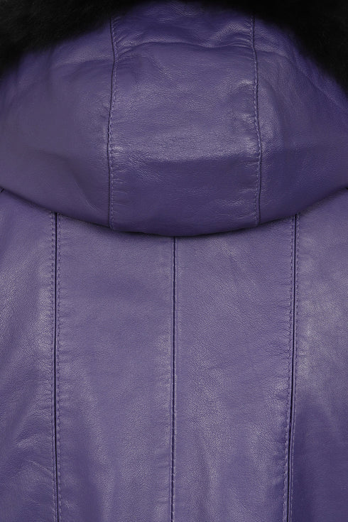 Purple leather hip length coat with detachable fur trimmed hood and drawstring detail by LLD Original