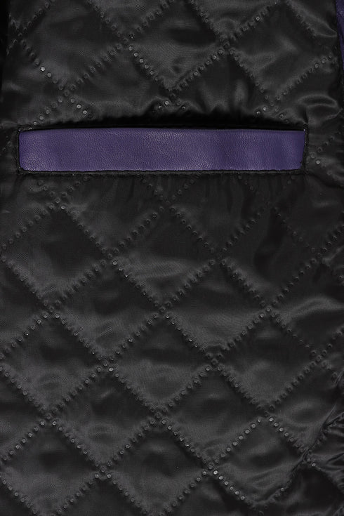 Women's purple leather hip length coat with detachable fur hood and drawstring by LLD Original