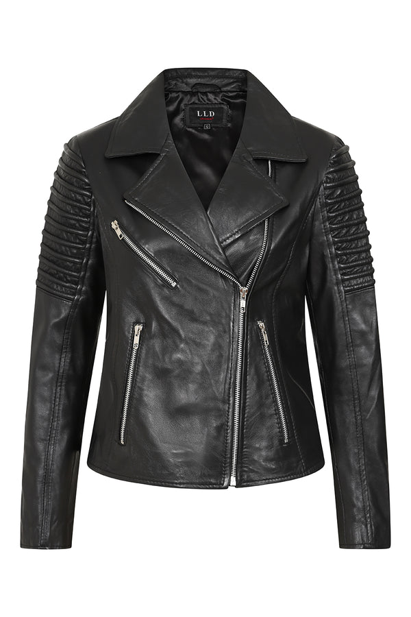 Black luxury nappa leather biker jacket with folded collar by LLD Original
