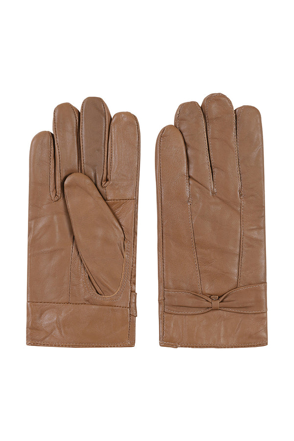 Women's tan genuine leather gloves featuring a stylish bow, from LLD Original, available in S/M and M/L sizes.