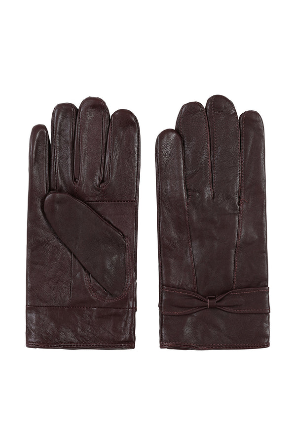 Brown soft nappa leather gloves with bow detail, LLD Original, stylish cold-weather accessory