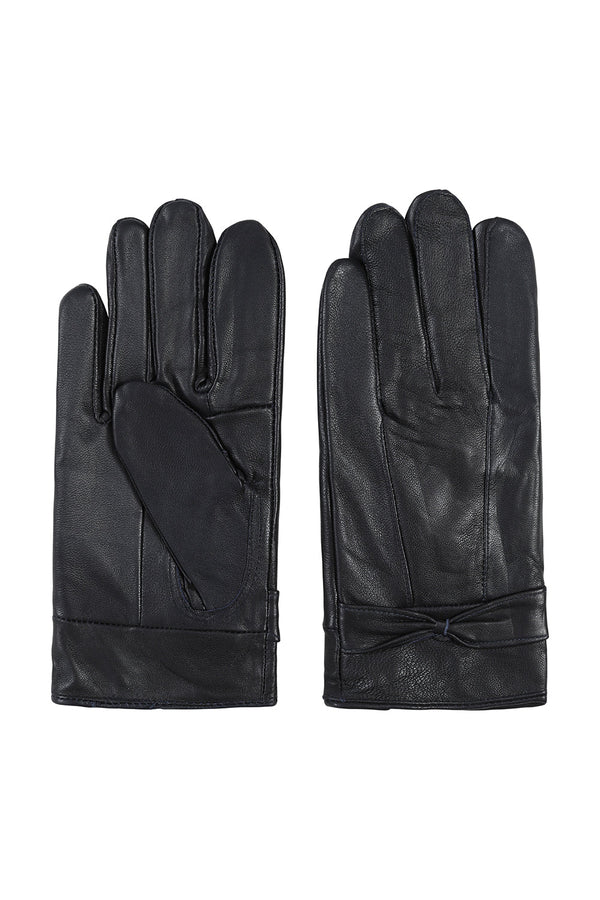 Navy genuine leather gloves with bow detail, by LLD Original, in sizes S/M and M/L.