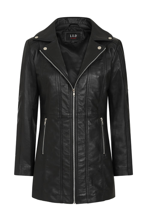 Women's black leather biker jacket - LLD Original, featuring a classic design and available in various sizes.