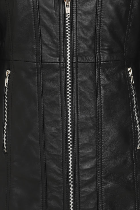 Women's black leather long biker jacket by LLD Original, featuring a classic design and available in sizes 8-18.
