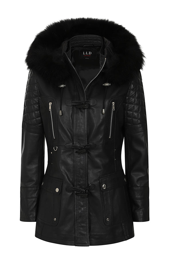 Women's black Nappa leather jacket with detachable fur hood by LLD Original, featuring a drawstring hood.