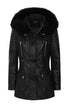 Women's black Nappa leather jacket with detachable fur hood by LLD Original, featuring a drawstring hood.