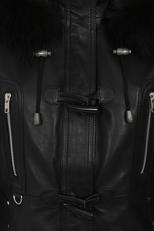Women's black nappa leather jacket with detachable fur hood and drawstring, AMY model by LLD Original
