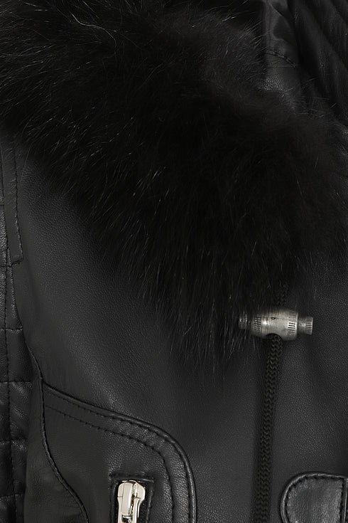 Women's black nappa leather jacket with detachable fur hood and drawstring, 28-inch length by LLD Original